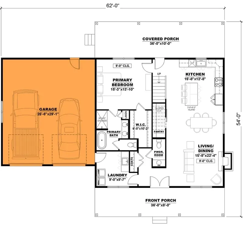Plan 810056RBT main level alternate with 2-car front-loading garage configuration, paid option included in plan set