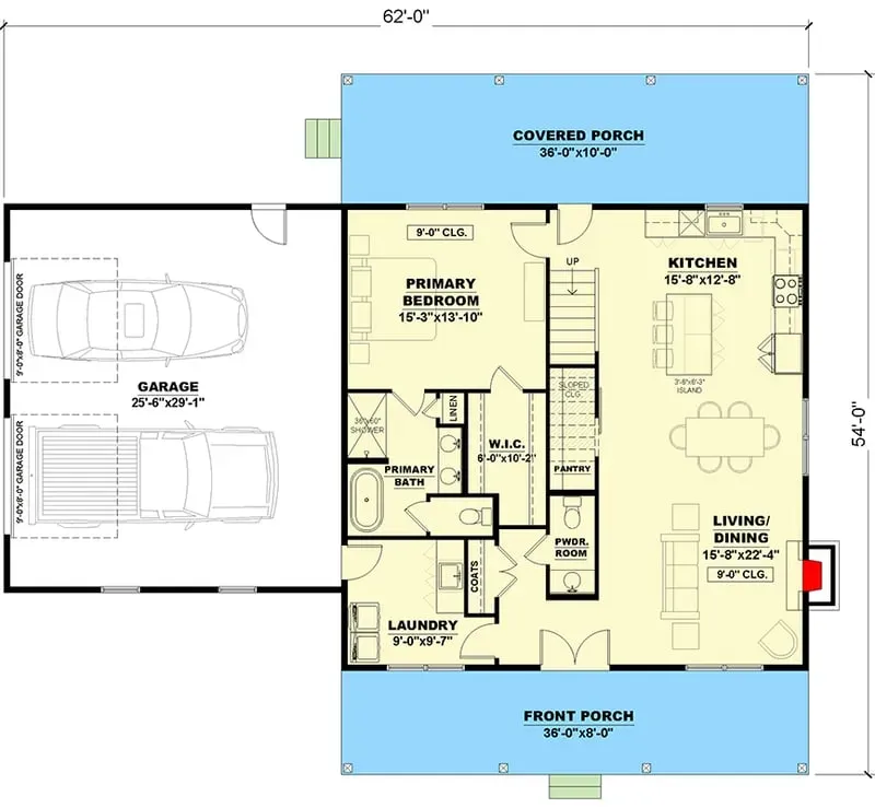 Plan 810056RBT main level floor plan — 2,399 sq ft modern farmhouse with main-floor primary suite, open-concept living dining kitchen, walk-in pantry, mudroom, and side-entry 2-car garage
