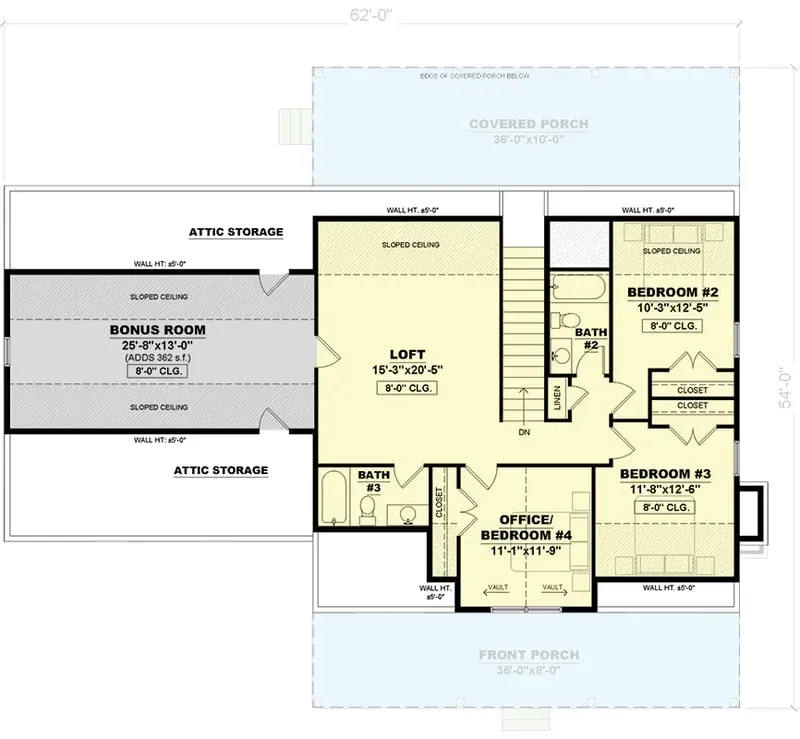 Plan 810056RBT second floor plan — central loft, two secondary bedrooms sharing a Jack-and-Jill bath, fourth bedroom or office with private en-suite bath, and unfinished bonus room over garage