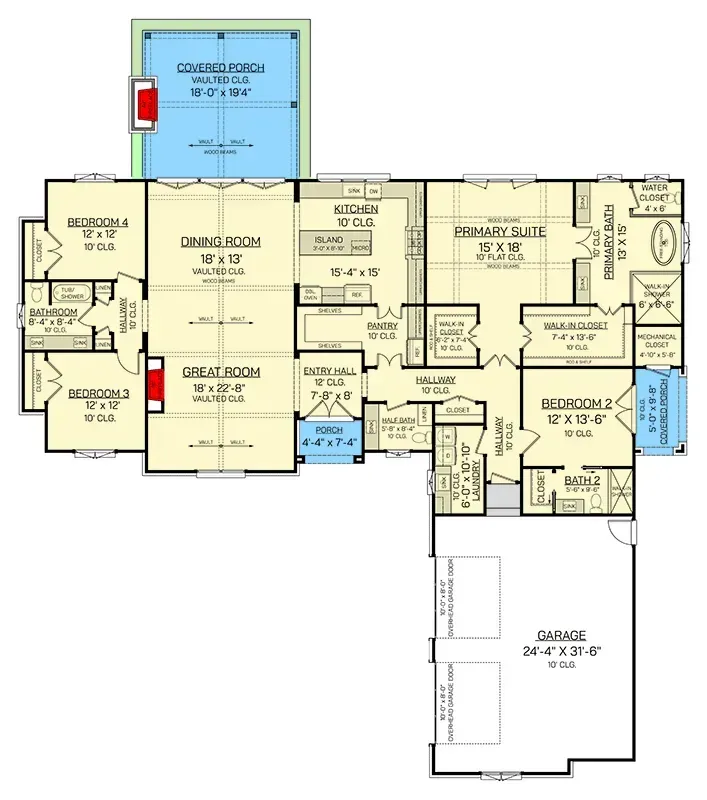 Main level floor plan of the 2,817 sq ft coastal contemporary 4-bedroom ranch with vaulted great room and split-bedroom layout