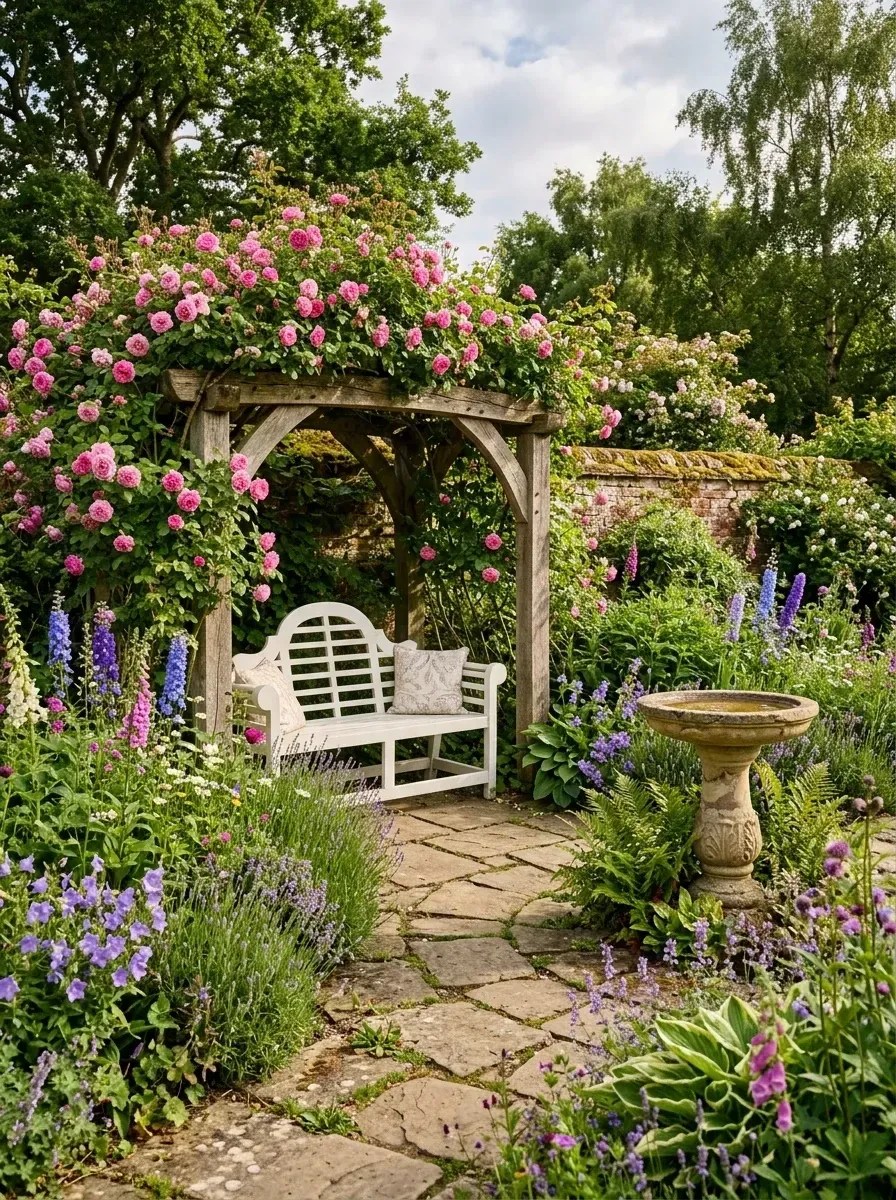 Romantic cedar pergola covered in pink climbing roses with a white wooden bench and stone birdbath in a Park Circle cottage garden