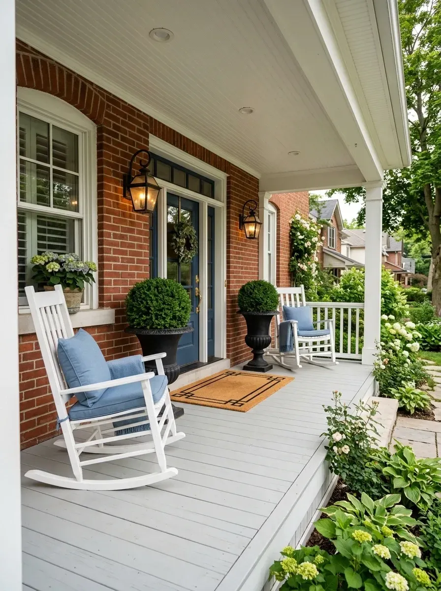 Classic Charleston single-house front piazza with red brick facade, haint-blue painted ceiling, white Polywood rocking chairs and boxwood-filled black planters