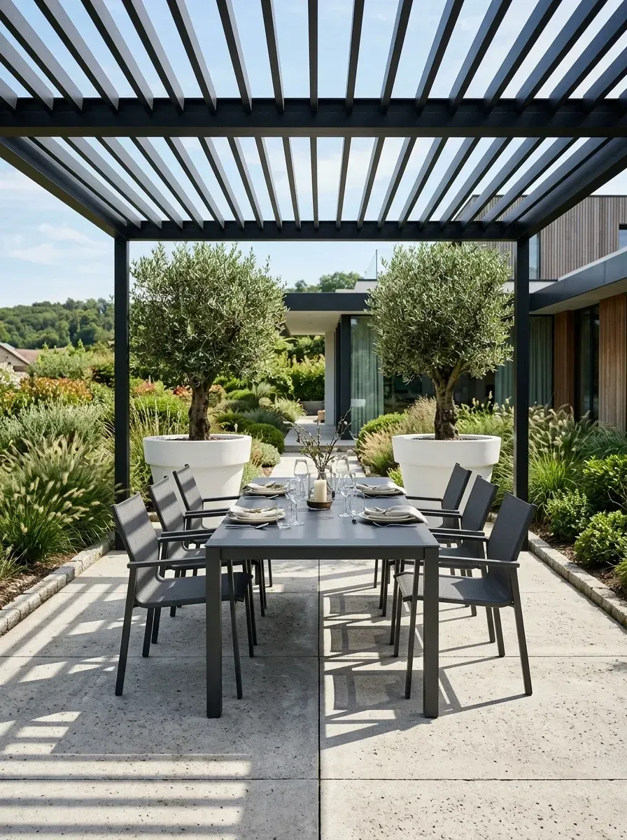 Modern Daniel Island outdoor dining with black aluminum louvered pergola, concrete dining table, mesh chairs and oversized white planters with olive trees