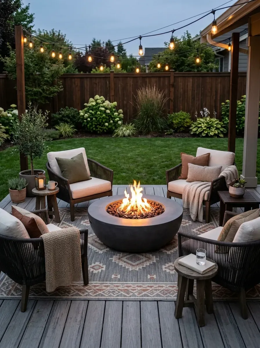 Mount Pleasant suburban backyard fire-pit lounge with concrete gas fire pit, four woven club chairs with Sunbrella cushions, large patterned outdoor rug and overhead string lights