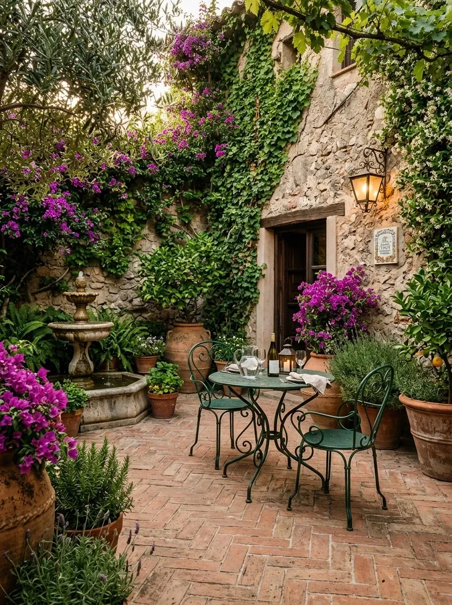 South of Broad Charleston interior courtyard with limewashed brick walls covered in confederate jasmine, herringbone reclaimed brick floor, green Fermob bistro set and cast-stone fountain