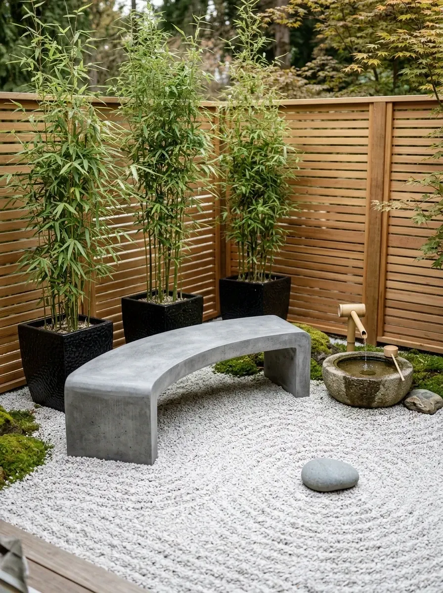 Minimalist Zen-inspired garden retreat in Mount Pleasant with raked white gravel, curved concrete bench, bamboo water spout, tall clumping bamboo in matte black planters and ipe slatted screen