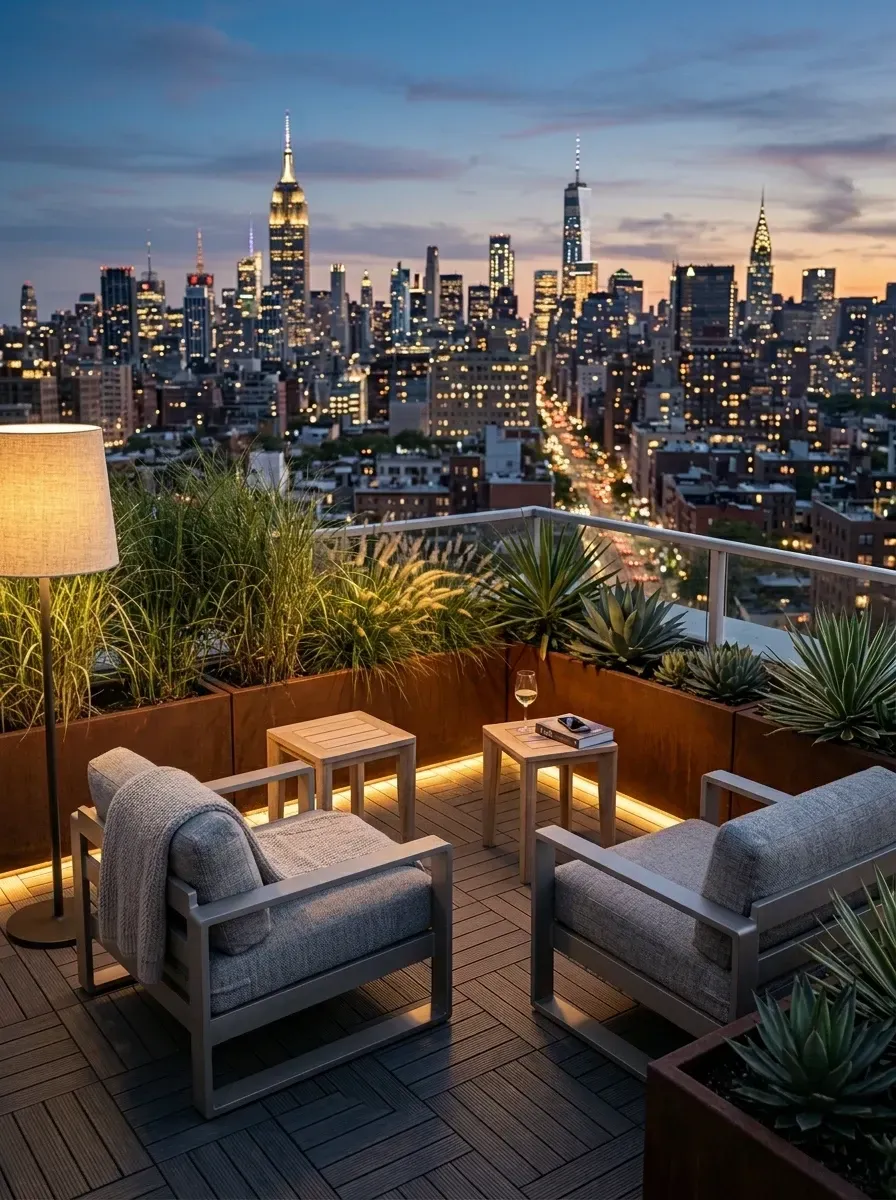 Charleston downtown rooftop lounge overlooking the Cooper River with custom Corten steel planters, glass railings, modern armchairs, agave plants and integrated LED lighting