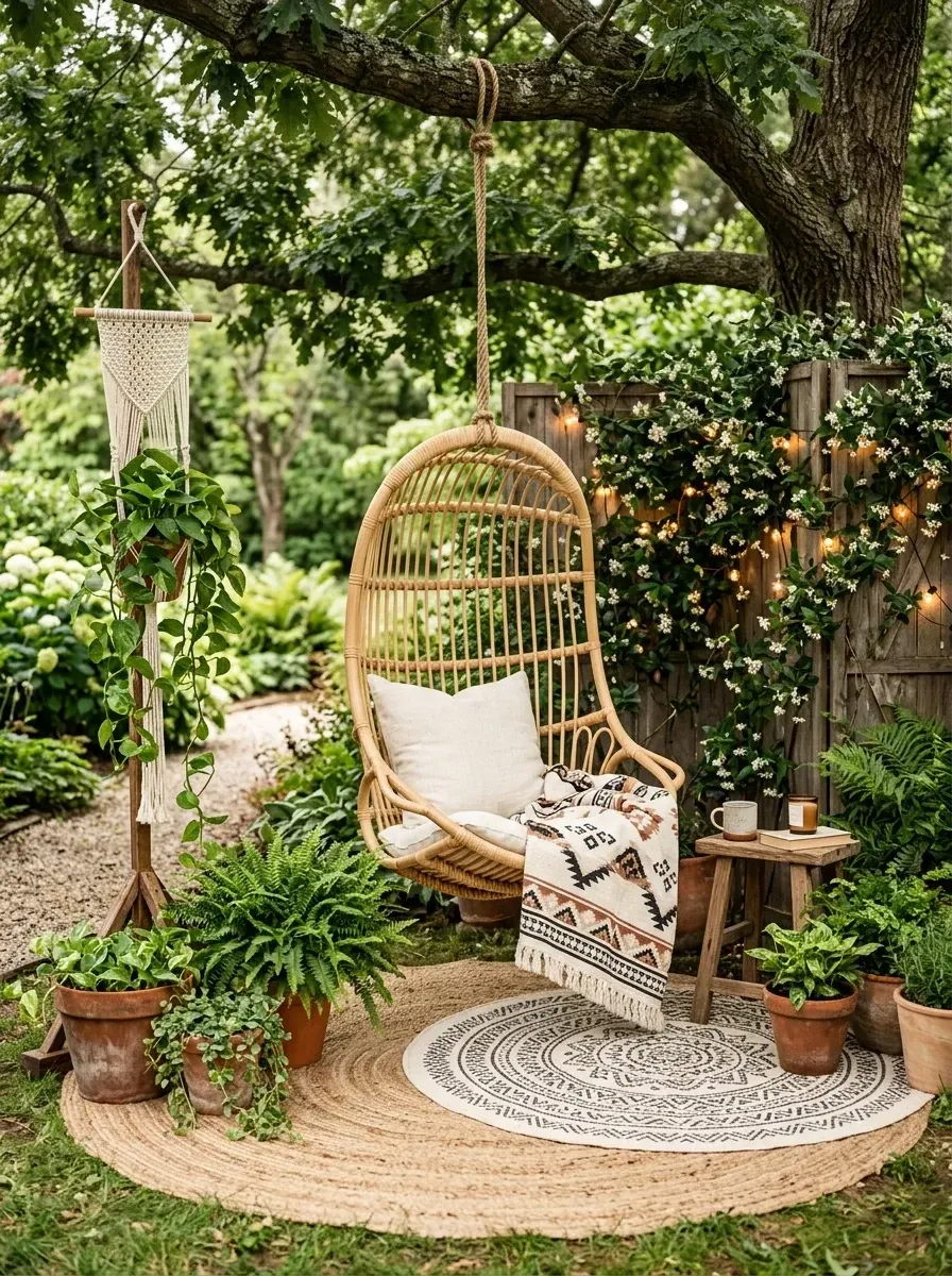 Boho hanging-chair reading nook on a Sullivan's Island cottage screened porch with Serena and Lily rattan egg chair, layered jute rug, macrame plant hanger and abundant Boston ferns