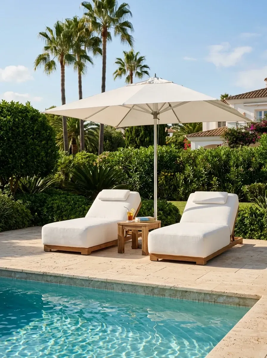 Resort-style Kiawah beach house poolside with Kingsley-Bate teak chaise lounges, thick Sunbrella cushions, Tuuci cantilever umbrella, travertine pavers and sabal palmettos