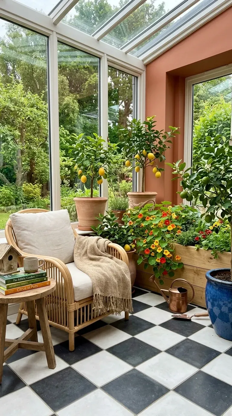 Bright Charleston sunroom conservatory with floor-to-ceiling glass windows and glass roof, classic black-and-white checkered tile floor, rattan armchair, small wooden side table, three potted Meyer lemon and lime trees, and large wooden planter box with edible flowers