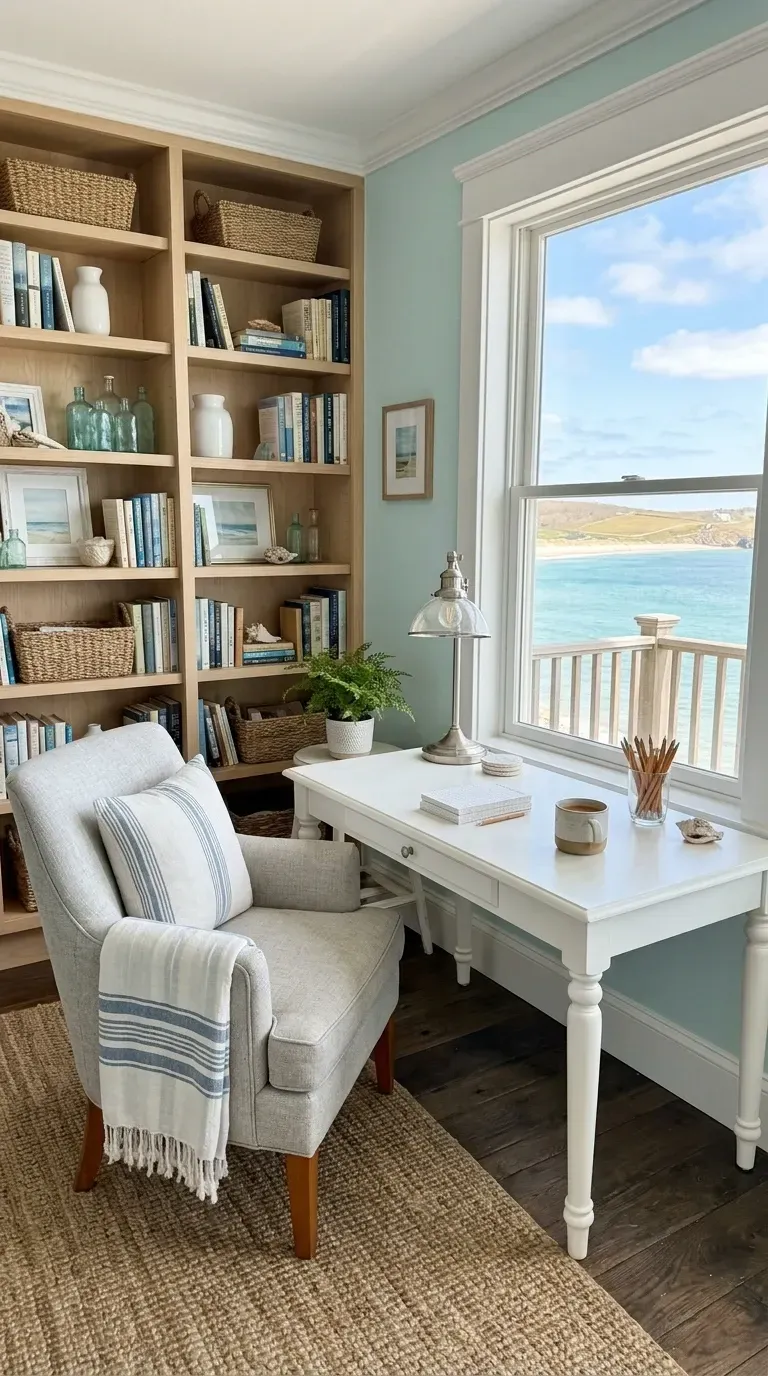 Coastal grandmother home office with floor to ceiling built in white oak bookshelves classic white writing desk facing large picture window with ocean view slipcovered upholstered armchair in light gray performance linen with navy striped throw pale periwinkle Benjamin Moore Palladian Blue walls jute area rug layered coastal decor baskets glass floats framed botanical art brass task lamp