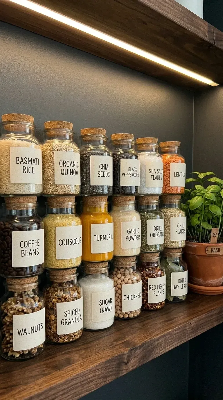 Close up vertical pantry shelf detail with two tiers of cork lidded Kilner or Le Parfait clear glass jars stacked to maximize vertical space holding labeled dry goods including basmati rice steel cut oats quinoa almonds and spiced granola LED strip lighting under floating shelf illuminating jar contents dark moody painted wall background single potted basil plant for fresh accent