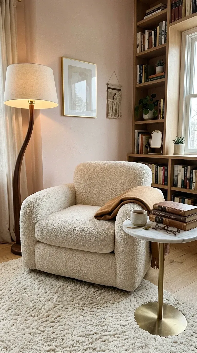 Cozy reading corner with bouclé armchair, sculptural floor lamp, shag rug and oak bookshelves