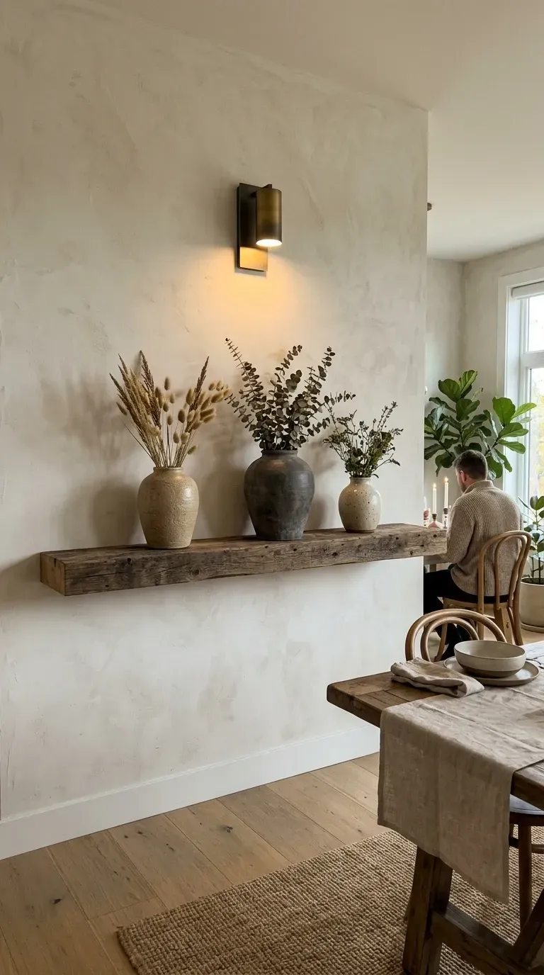 Charleston dining wall with textured limewash plaster finish chunky reclaimed wood floating shelf earthenware vases dried botanicals brass wall sconce rustic wood dining table and bentwood chair on jute rug