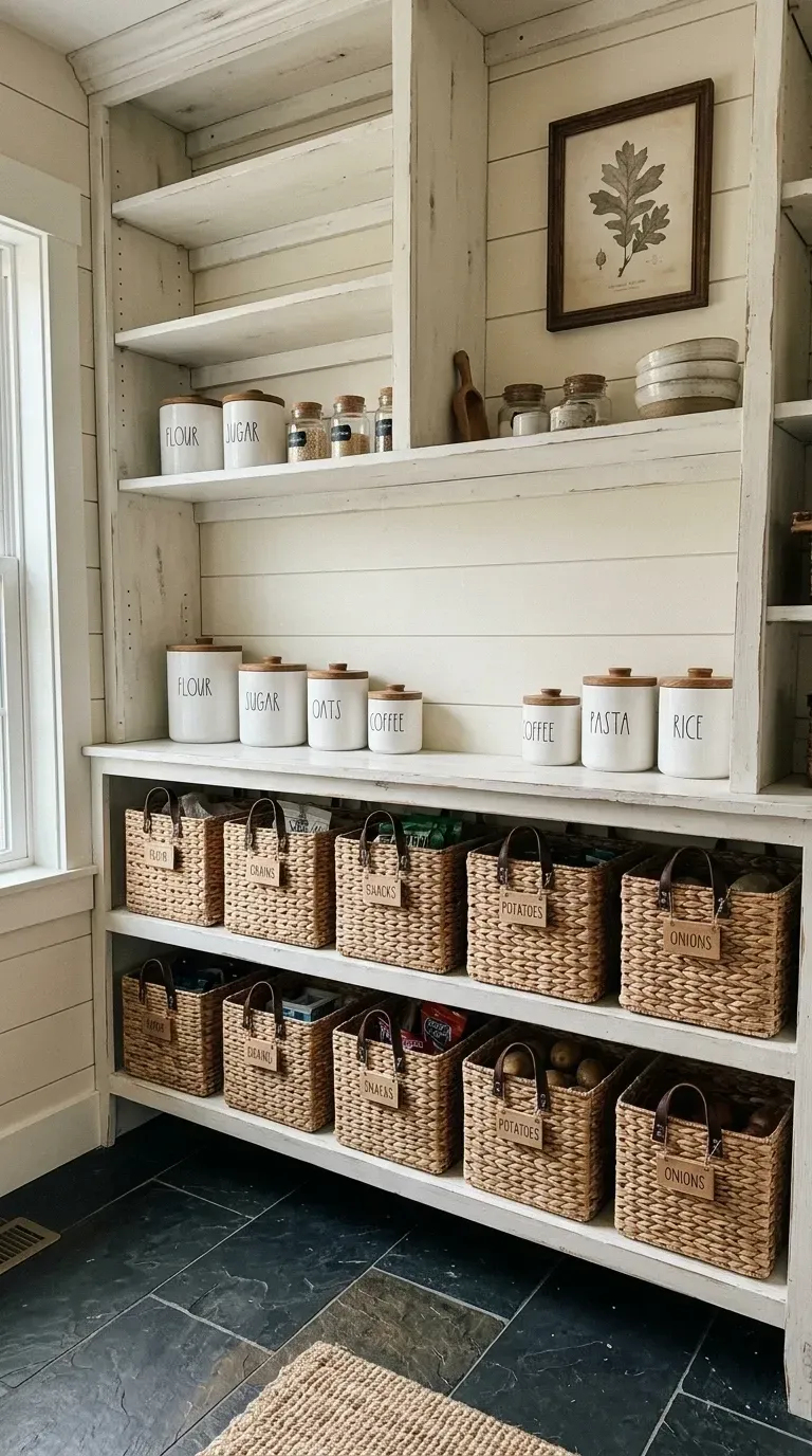 Freestanding distressed antique white wooden hutch pantry with exposed beadboard paneled backing adding vertical texture two rows of matching woven seagrass baskets with stitched leather luggage tag style labels categorizing contents as snacks grains and produce large creamy ceramic canisters for flour and sugar decorative elements including framed botanical prints and stoneware mixing bowls creating rustic country kitchen aesthetic