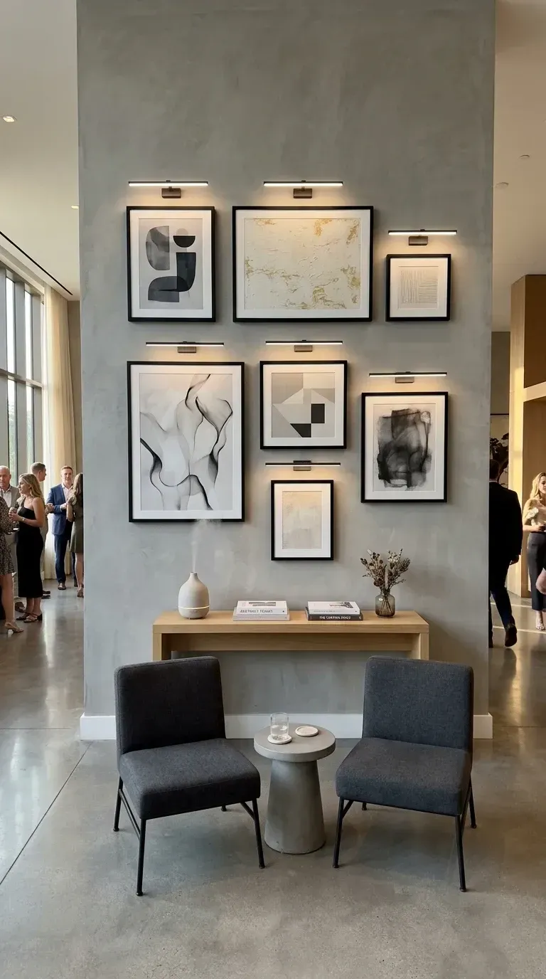 Minimalist gallery wall with floor-to-ceiling concrete wall, eight framed abstract prints, individual LED picture lights, light wood console, pair of grey upholstered side chairs, and concrete side table