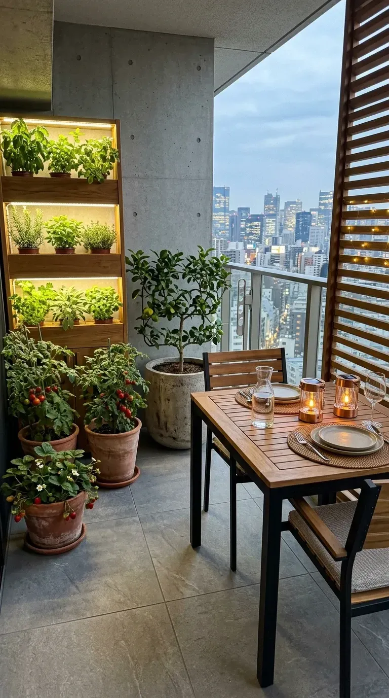 Charleston downtown apartment balcony with custom cedar shelving unit with integrated grow lights, small wooden bistro table and chairs, large potted Meyer lemon tree, terracotta pots with tomatoes and strawberries, concrete tile flooring, and wooden slat privacy screen