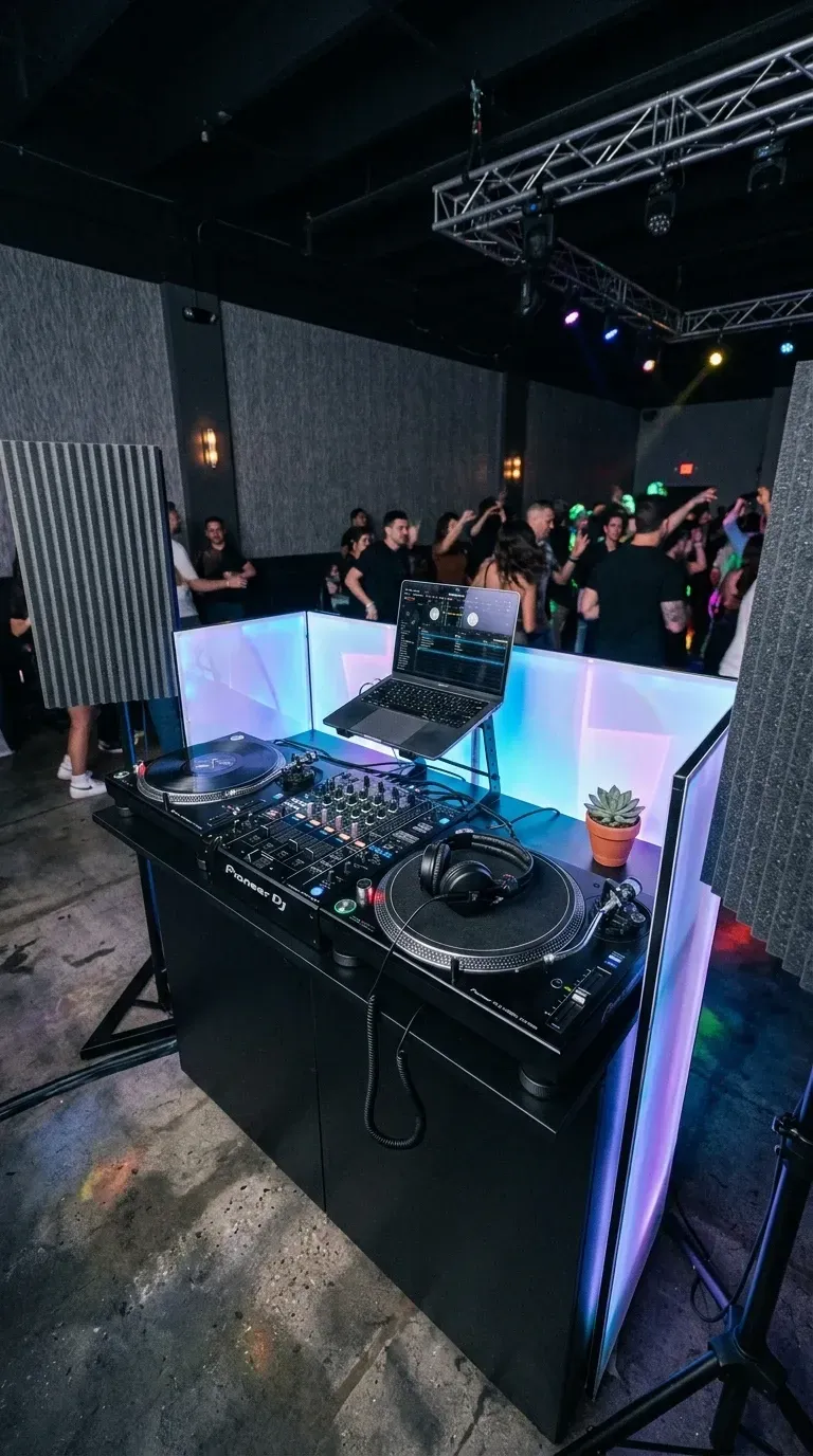 Professional-grade DJ booth with custom illuminated front panels, lighting truss with moving head spots, acoustic foam panels on stands, and industrial concrete floor