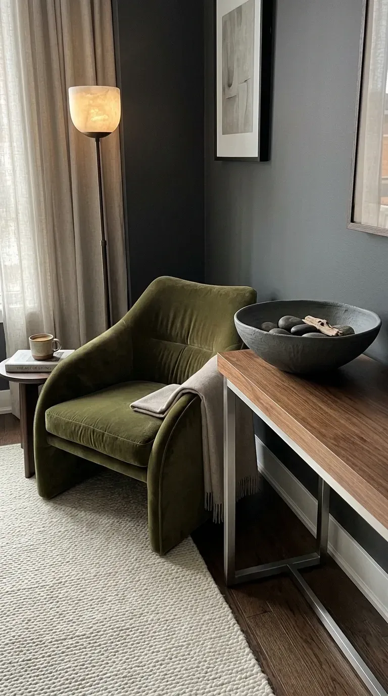Moody quiet luxury reading corner with green velvet armchair, dark grey walls, wood and metal console, sculptural stone bowl, tall floor lamp, and textured wool rug