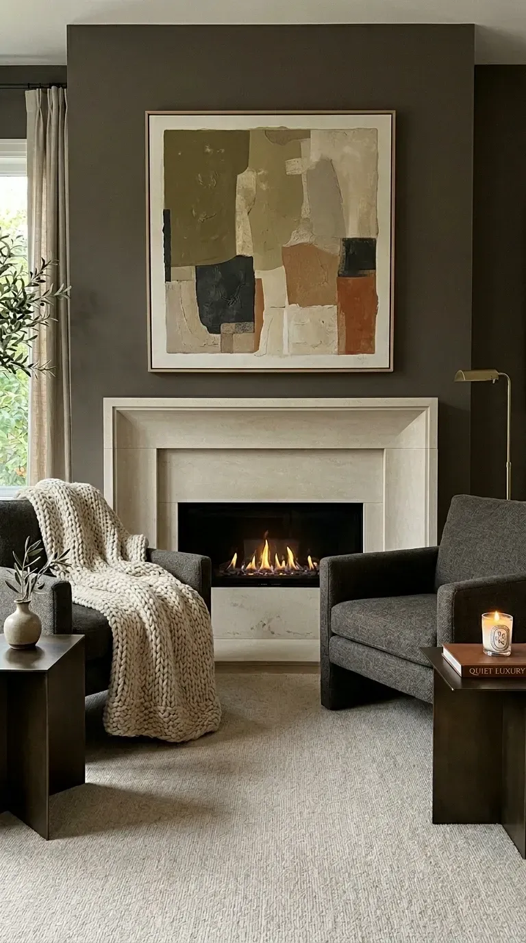 Quiet luxury lounge with modern fireplace in honed stone surround, abstract painting in earthy tones, symmetrical dark grey armchairs, chunky knit throw, and light-colored area rug