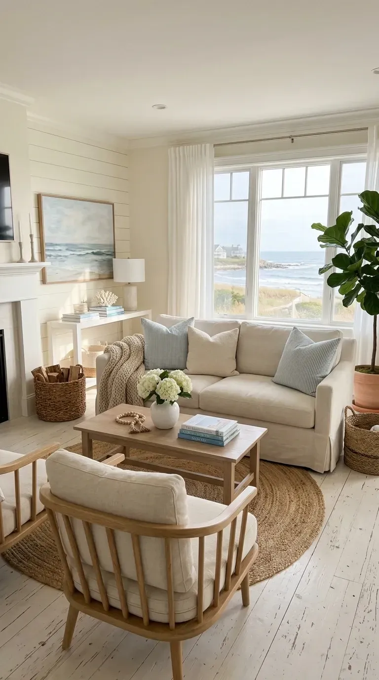Coastal farmhouse living room with white shiplap accent wall slipcovered beige linen sofa two wood frame armchairs with ivory cushions wooden coffee table large round jute area rug console table behind sofa mix of brass and ceramic lamps large coastal horizon painting over white fireplace mature fiddle leaf fig plant in terracotta pot Benjamin Moore Simply White walls soft blue ticking stripe pillows