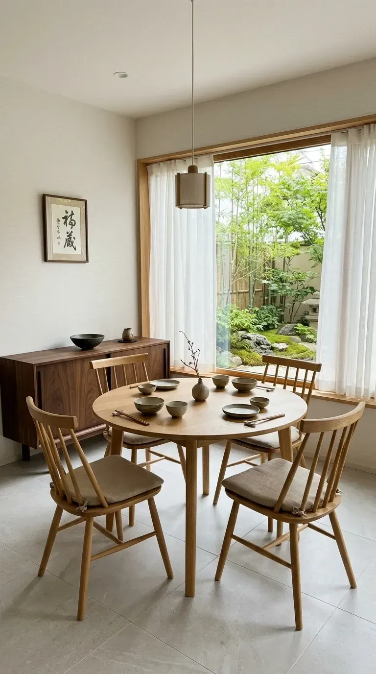 Charleston Japandi dining room with round wood pedestal table spindle-back Windsor chairs framed Japanese calligraphy walnut sideboard small fabric pendant and sheer-curtained garden view
