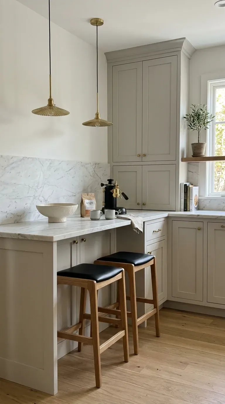 Quiet luxury kitchen corner with honed marble counters, grey shaker cabinets and brass pendants