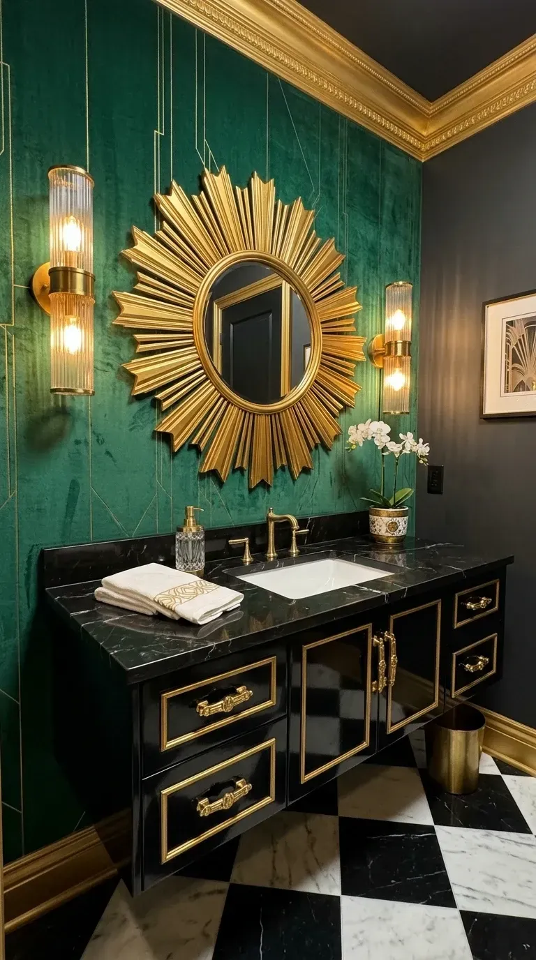 Charleston Art Deco powder room with emerald green geometric wallpaper gold sunburst mirror black marble vanity with gold trim checkered marble floor and fluted gold sconces