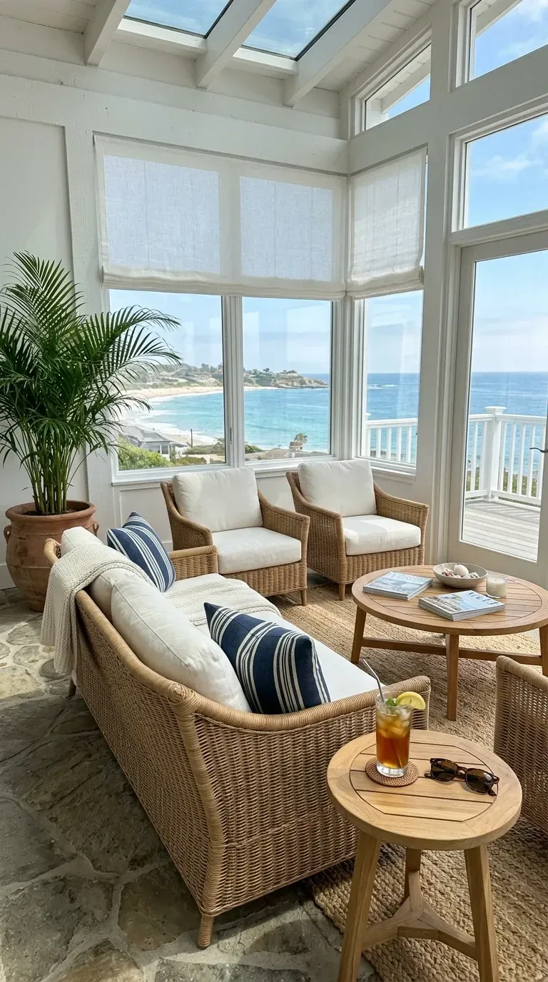 Charleston coastal grandmother sunroom conservatory with hand caned wicker sofa and matching armchairs white Belgian linen cushions round whitewashed oak coffee table jute area rug on flagstone floor large potted kentia palm floor to ceiling glass doors to ocean view classic blue and white striped accent pillows