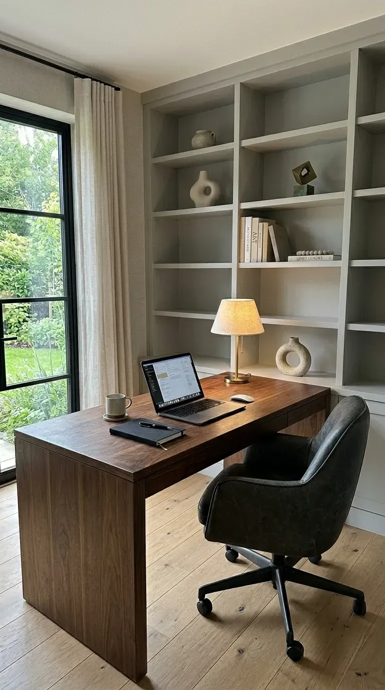 Quiet luxury home office with dark wood executive desk, leather office chair, full-wall built-in shelving painted soft grey, brass desk lamp, and steel-framed window with linen curtains