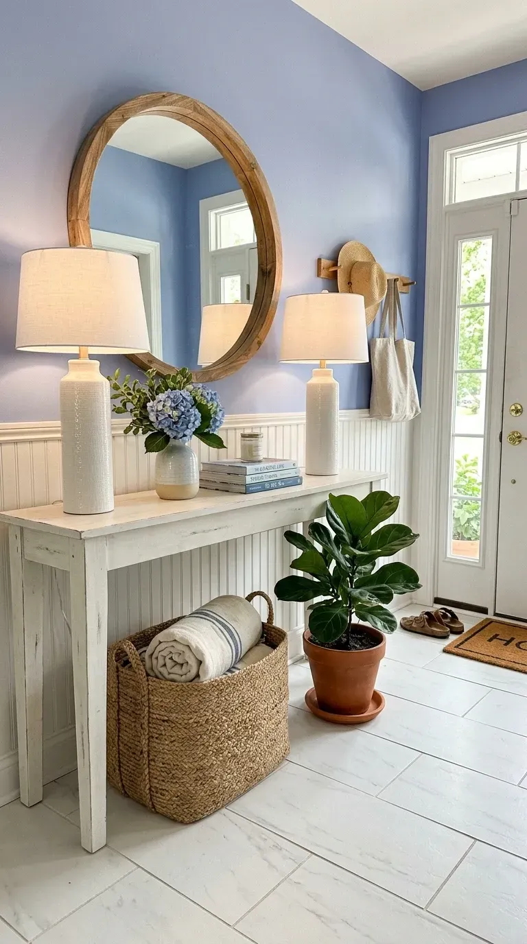 Coastal grandmother entryway with white painted console table topped by two matching tall ivory ceramic table lamps stack of classic hardback books large vase of fresh hydrangeas round natural wood framed mirror periwinkle blue Benjamin Moore Palladian Blue upper wall white Metrie beadboard wainscoting row of polished brass wall hooks with sun hats and canvas tote bags large woven seagrass basket for storage fiddle leaf fig in terracotta pot