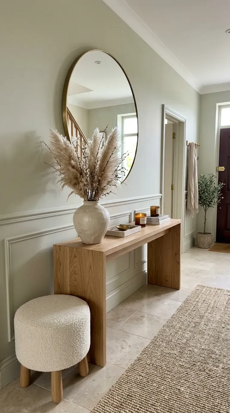 Quiet luxury entryway with waterfall-edge wooden console, large round brass mirror, bouclé stool, earthenware vase with pampas grass, and jute runner on tile floor