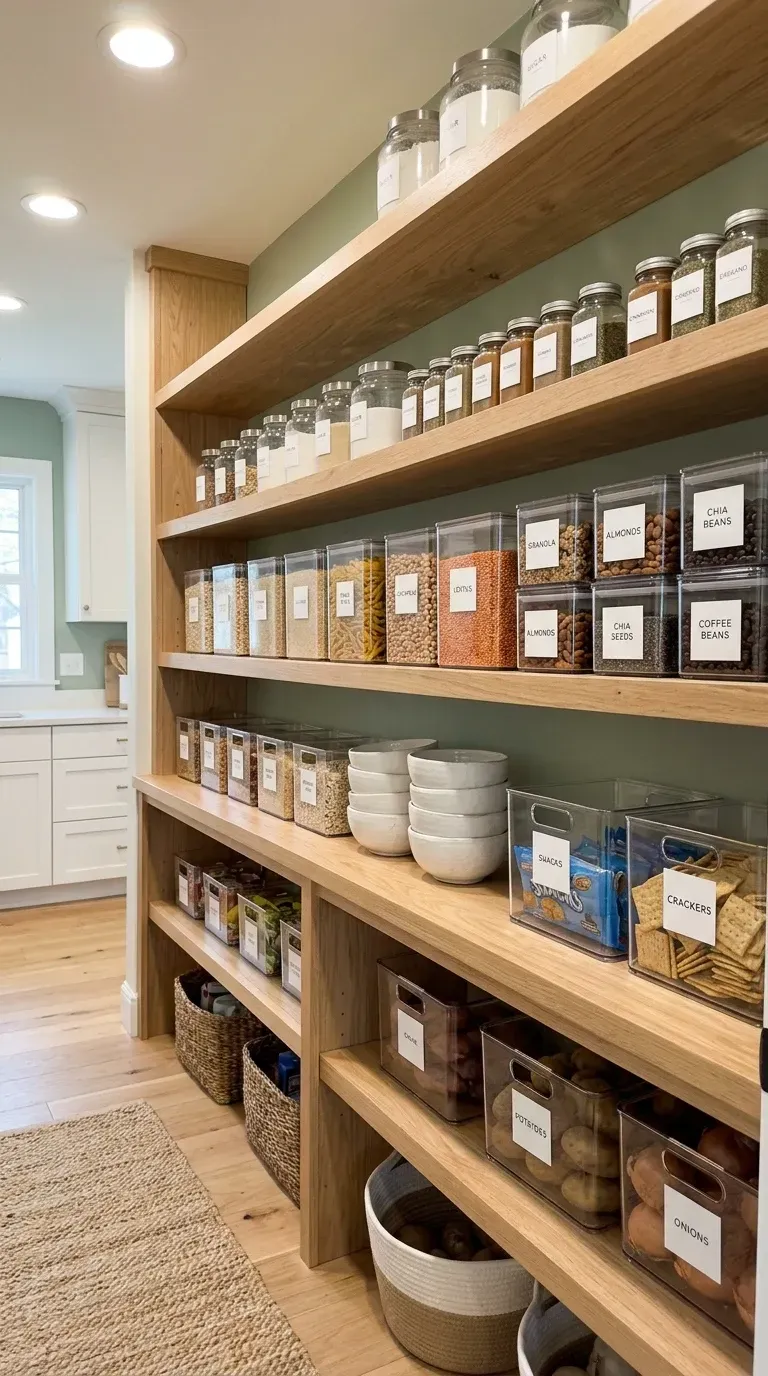 Professionally organized pantry showing complete decanting masterclass with long horizontal white oak open shelves extensive collection of matching OXO Good Grips POP 2.0 clear plastic containers holding pasta beans grains flour snacks and baking ingredients minimalist white printed vinyl labels large woven seagrass and rope baskets for bulk produce and larger items recessed 2700K LED ceiling lights providing even illumination