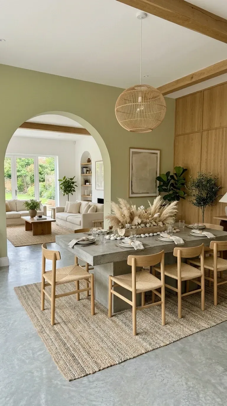 Charleston open-plan dining room with massive custom concrete dining table for eight wood archway oversized woven bamboo pendant light wishbone-style chairs pampas grass centerpiece large jute rug and wood-paneled storage wall