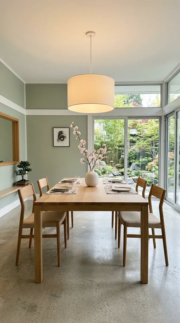 Charleston dining room with sliding glass doors framing a lush garden view minimalist four-seat table setting bonsai tree on floating shelf and sage and oak palette