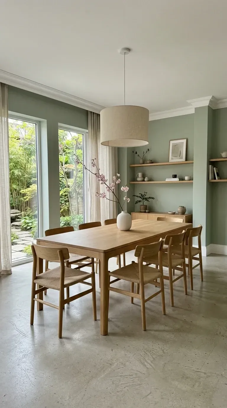Charleston Japandi dining room with sage green walls light oak six-seater table wishbone chairs floating wood shelves linen drum pendant and polished concrete floor