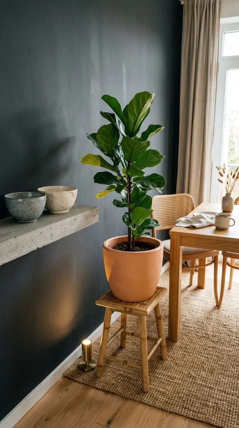 Charleston dining corner with charcoal accent wall floating concrete shelf large fiddle leaf fig in terracotta pot bamboo stool jute rug and warm wood dining set