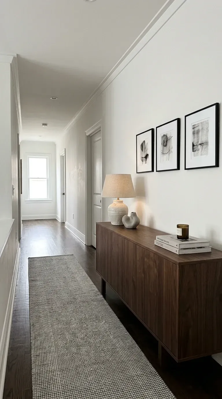 Quiet luxury hallway with walnut credenza, gallery wall of three abstract prints and runner rug