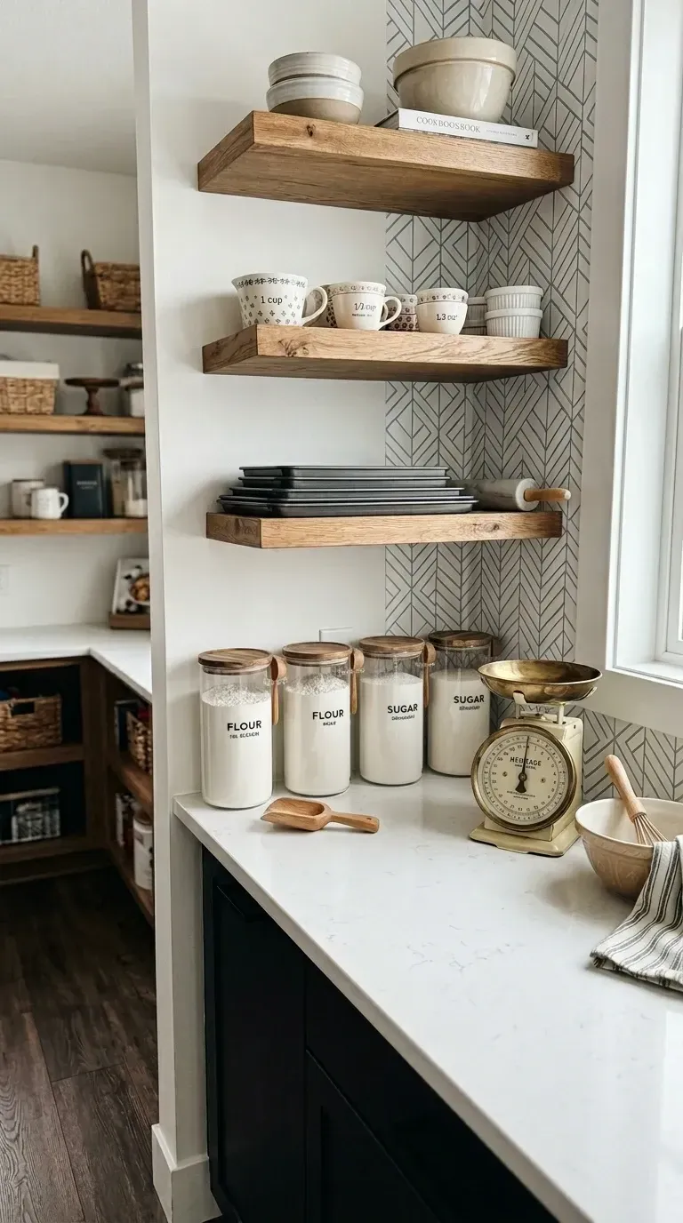 Charming vintage baking nook with three floating natural white oak shelves mounted over black and white herringbone pattern wallpaper backsplash creamy Cambria Torquay quartz countertop four large glass canisters with sealed wooden lids holding flour sugar and baking staples antique brass mechanical kitchen scale ceramic mixing bowls stacked baking sheets and turned wooden rolling pins displayed openly in farmhouse style
