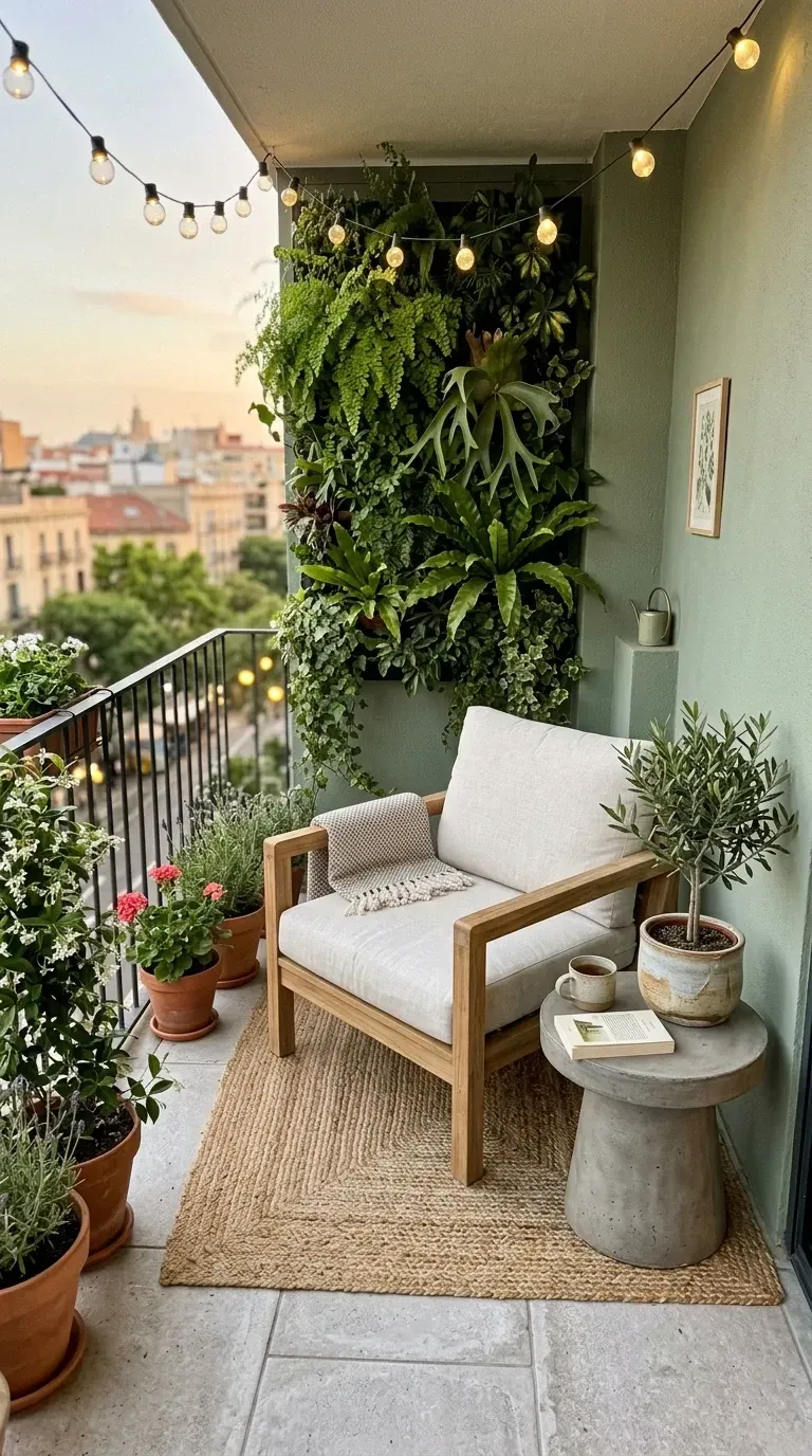Charming small balcony transformed into outdoor sanctuary with vibrant vertical garden cascade of ferns and staghorn leaves teak armchair concrete side table potted olive tree flowering plants jute rug string lights and green painted wall for urban apartment greenery
