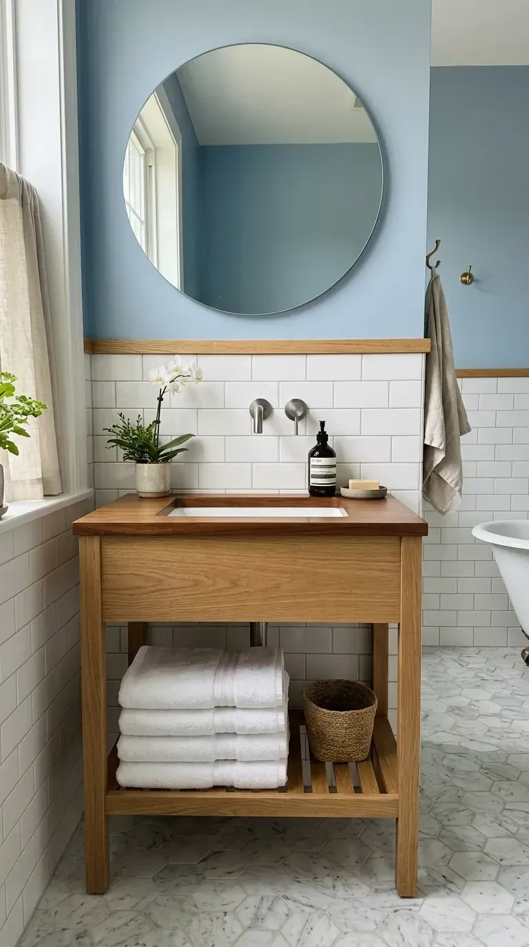 Quiet luxury bathroom with custom wood vanity, vessel sink, subway tile and marble hex floor