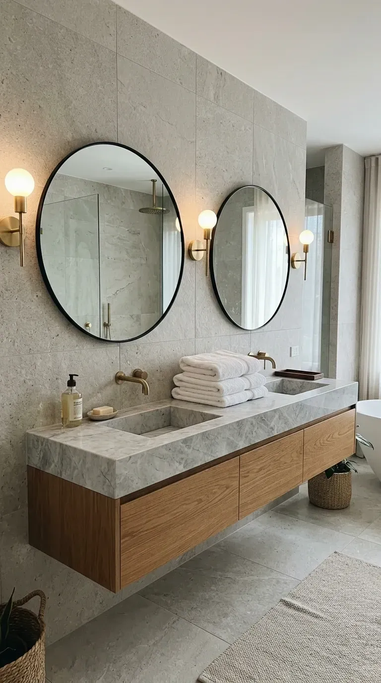 Quiet luxury bathroom with large-format honed grey stone tiles, floating double vanity with marble top, twin round mirrors with brass sconces, and brushed brass faucets