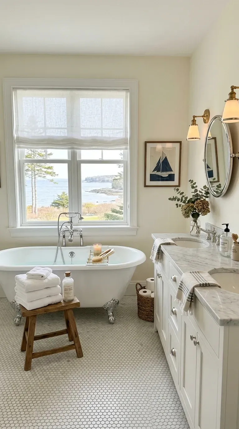 Luxurious classic coastal grandmother bathroom with freestanding white enameled Signature Hardware clawfoot bathtub positioned under large window with custom linen Roman shade long white Restoration Hardware Hutton double vanity honed Carrara marble countertop dual vessel sinks polished brass Visual Comfort Belle Meade sconces classic white Fireclay Tile penny round flooring framed vintage sailboat art oval vanity mirrors Benjamin Moore White Dove walls Turkish cotton towels