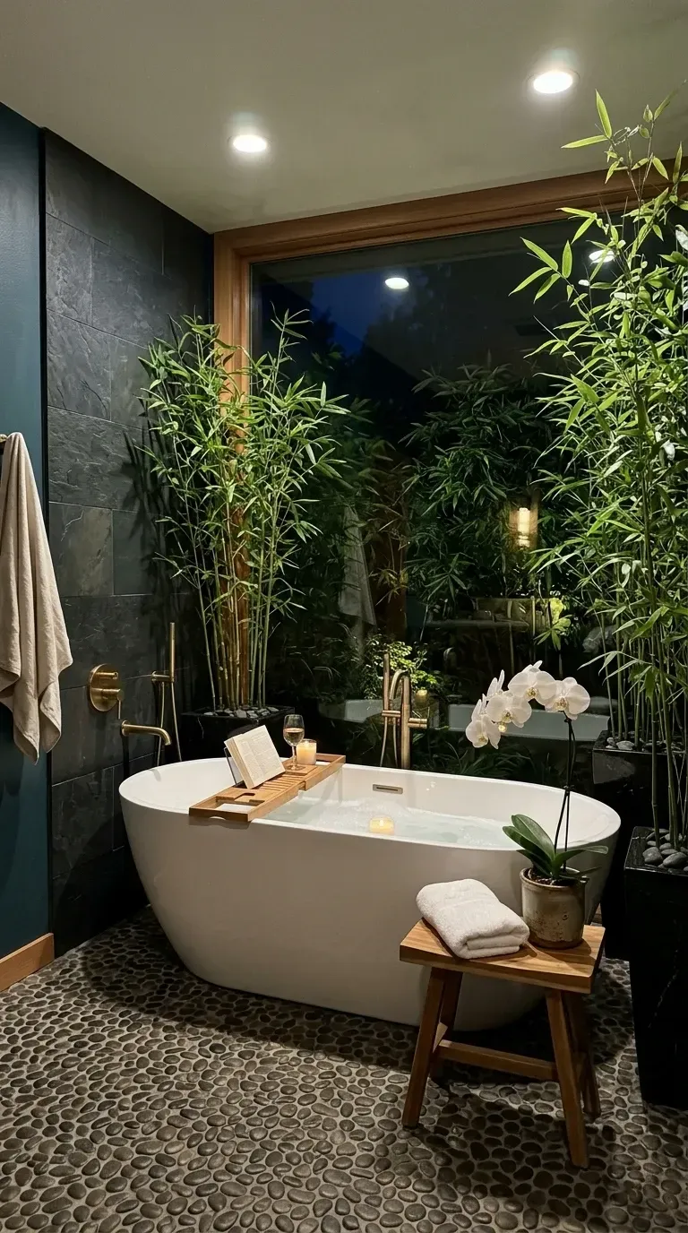 Spa-like bathroom with freestanding soaking tub positioned next to large window facing illuminated bamboo garden tall potted bamboo stalks indoors dark slate wall tiles river pebble floor accent wooden bath tray and stool gold fixtures and zen indoor outdoor design