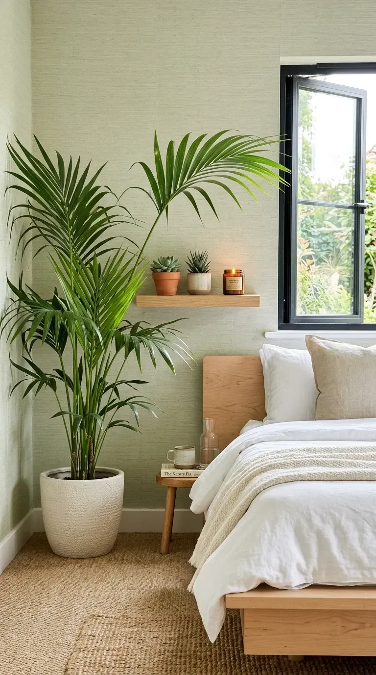 Serene green bedroom retreat with calming textured green wallpaper minimalist light wood bed frame white linen bedding large graceful Kentia palm in textured white pot floating wooden shelf with small plants and candle wooden bedside stool jute area rug and tranquil biophilic sleep sanctuary