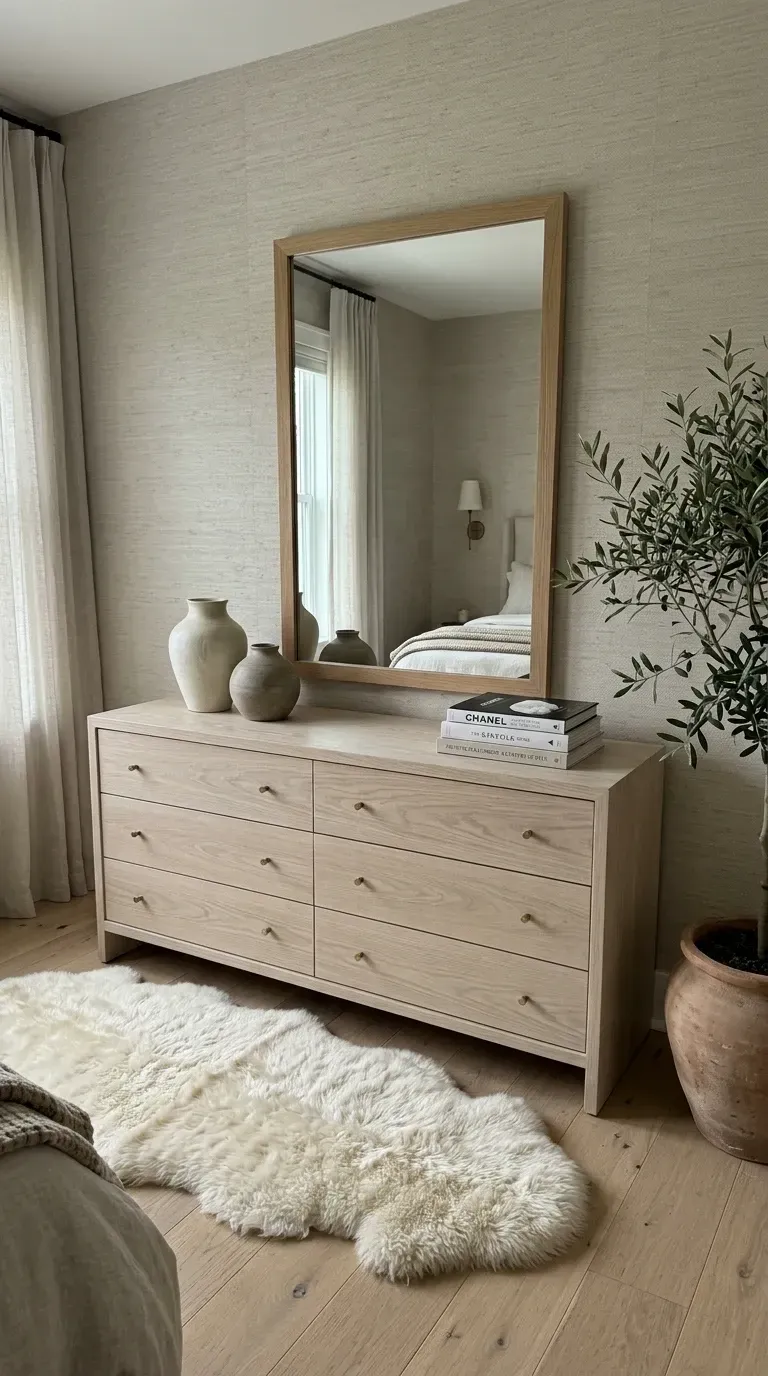 Quiet luxury bedroom corner with light oak dresser, wood-framed mirror, grasscloth wallpaper, sheepskin rug, and faux olive tree