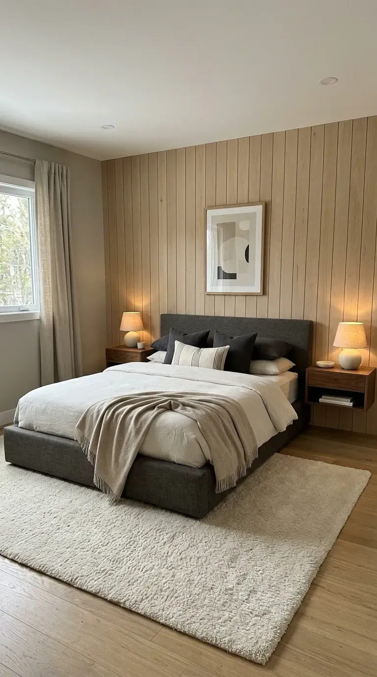 Quiet luxury bedroom with vertical wood-plank feature wall, grey upholstered bed frame, floating walnut nightstands, layered linen bedding, and large plush rug