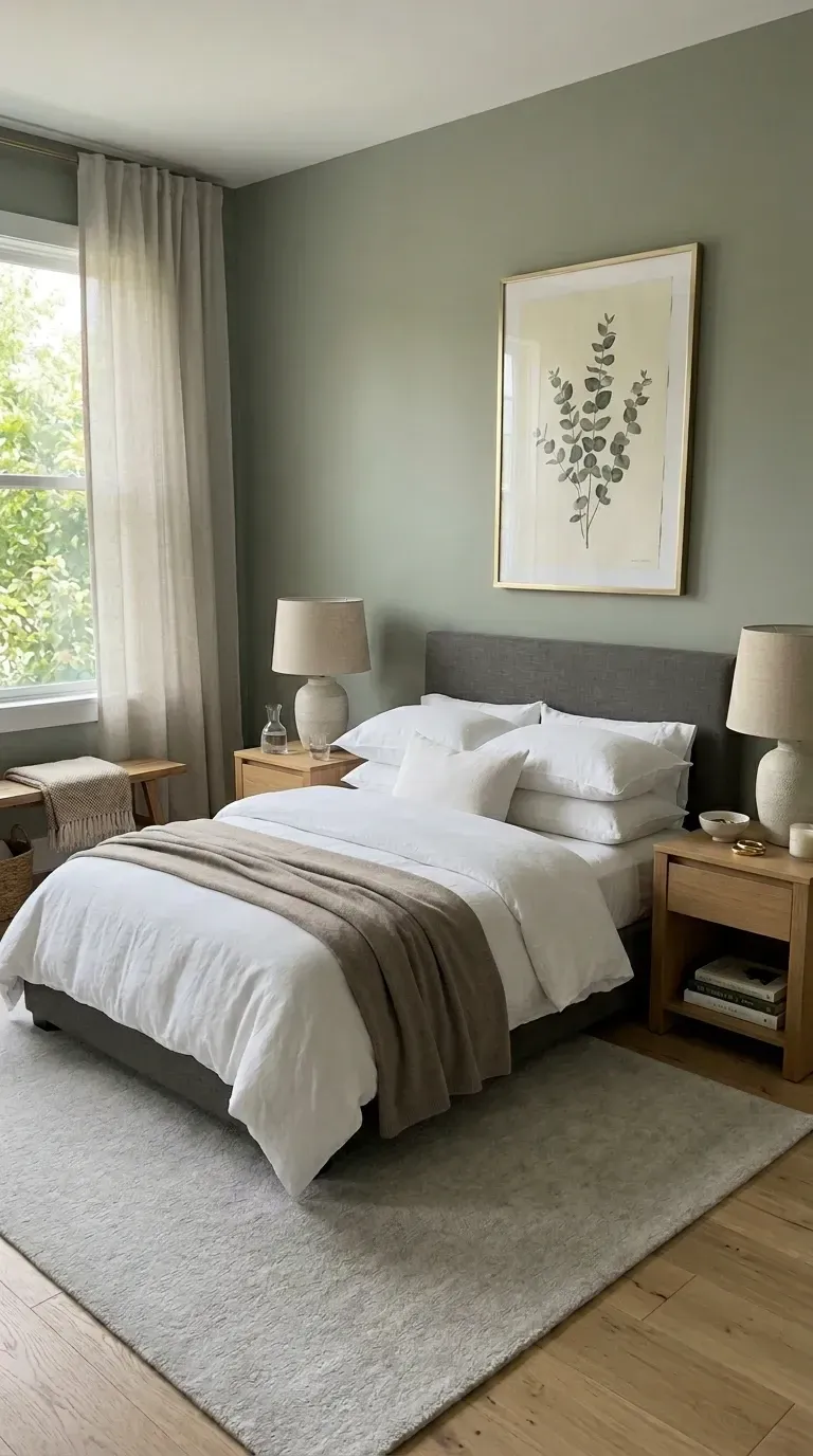 Sage green bedroom with upholstered bed, layered linen bedding and oak nightstands