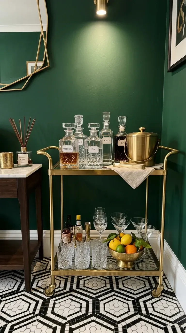 Party bar cart with gold two-tier cart, crystal decanters with tags, gold ice bucket, bowl of fresh citrus, reed diffuser, set against emerald green wall and geometric tile floor