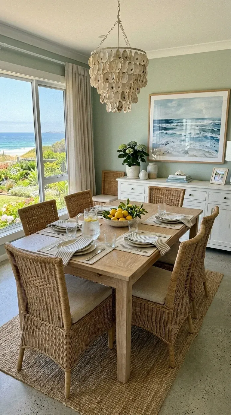 Coastal grandmother dining room with substantial light oak farmhouse dining table six tall back woven wicker rattan dining chairs with ivory cushions oyster capiz shell chandelier as statement centerpiece white painted sideboard buffet stack of blue and white porcelain framed coastal art large jute area rug polished concrete floor hydrangea centerpiece floor to ceiling windows with ocean view